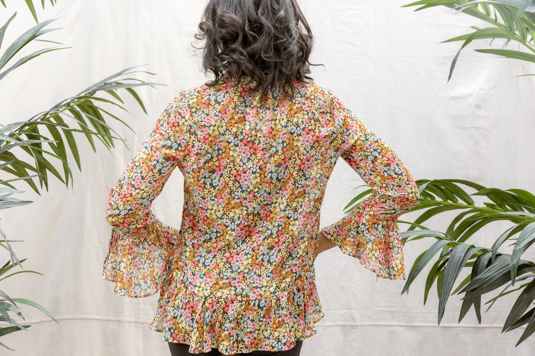 Havana Flower Ruffled Tie Blouse