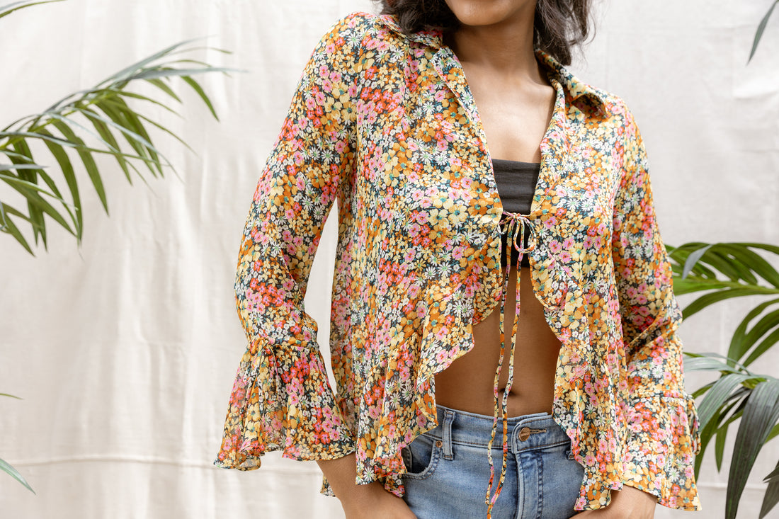 Havana Flower Ruffled Tie Blouse