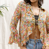 Havana Flower Ruffled Tie Blouse