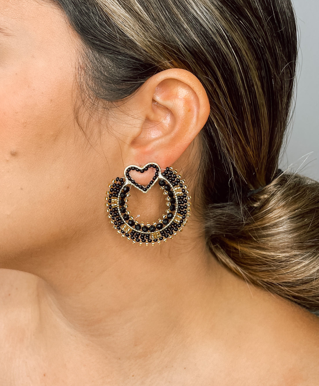 Catalina Black Beaded Heart Detail Earrings