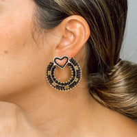 Catalina Black Beaded Heart Detail Earrings