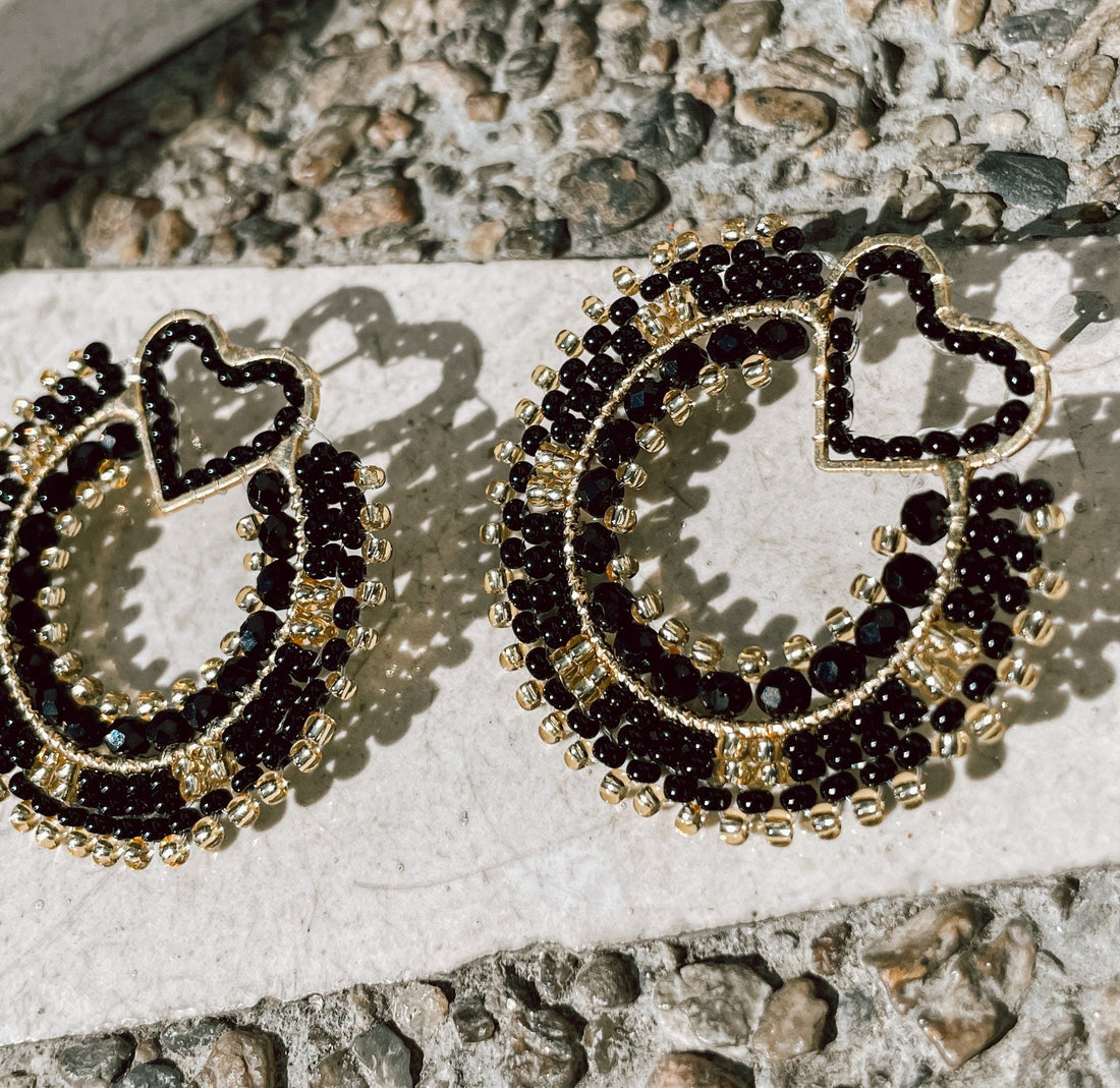 Catalina Black Beaded Heart Detail Earrings