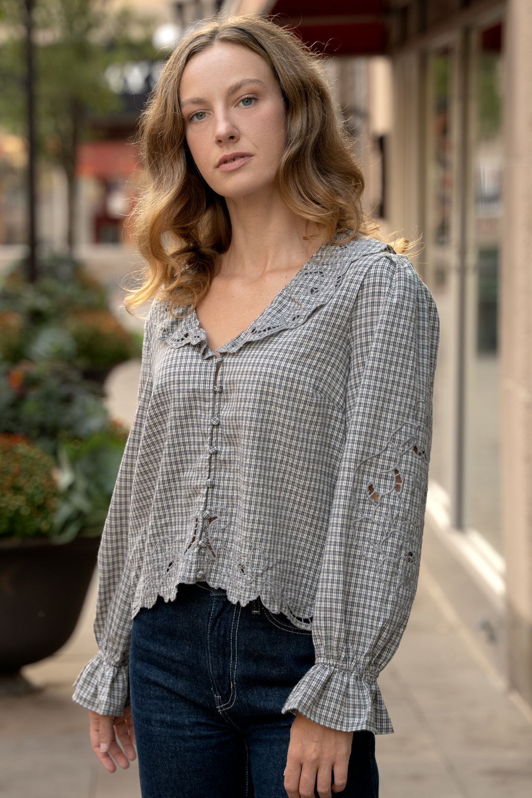 London Check Ruffle Blouse