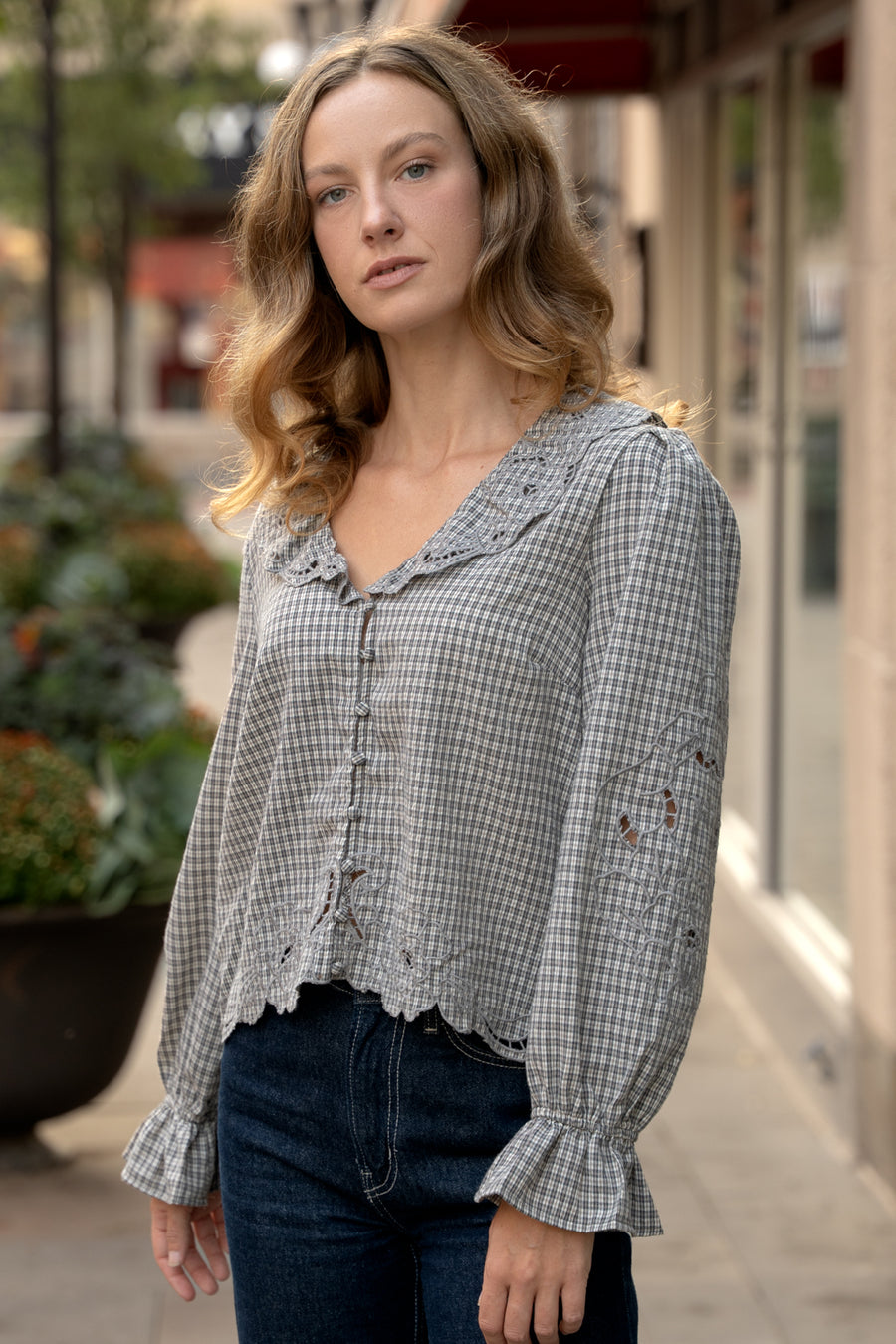 London Check Ruffle Blouse