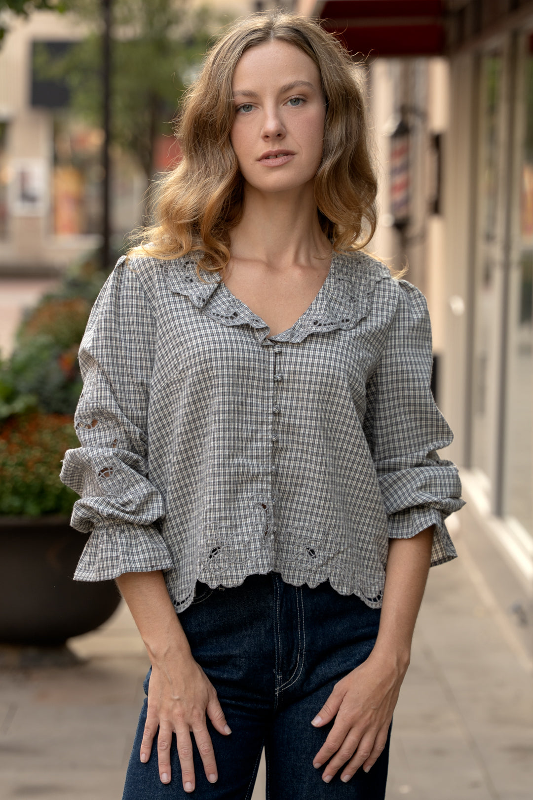 London Check Ruffle Blouse
