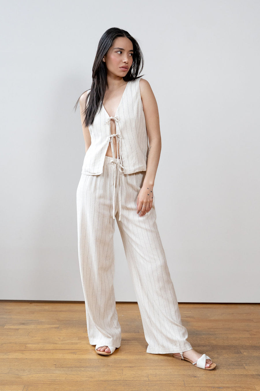 Spain Pinstripe Wide Leg Linen Pants (Matching Set)