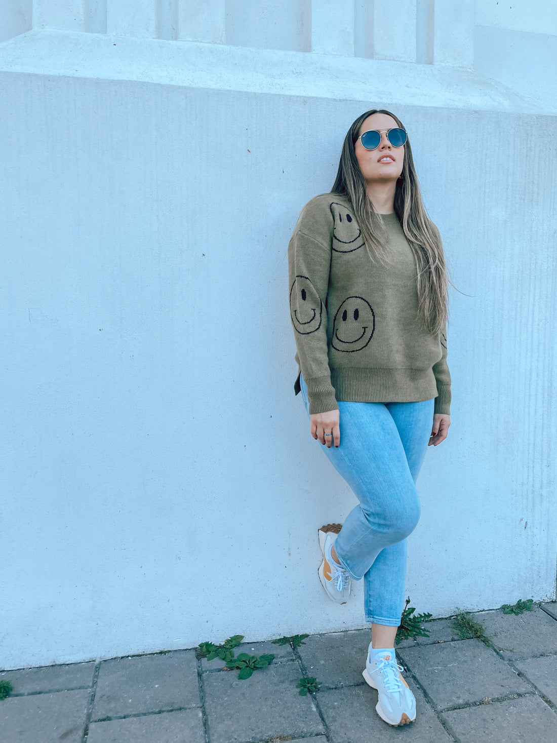 Put On A Happy Face Olive Pull Over Sweater