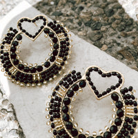 Catalina Black Beaded Heart Detail Earrings