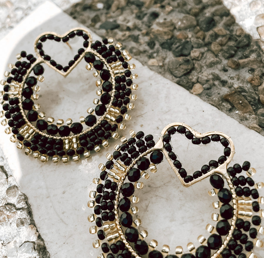 Catalina Black Beaded Heart Detail Earrings