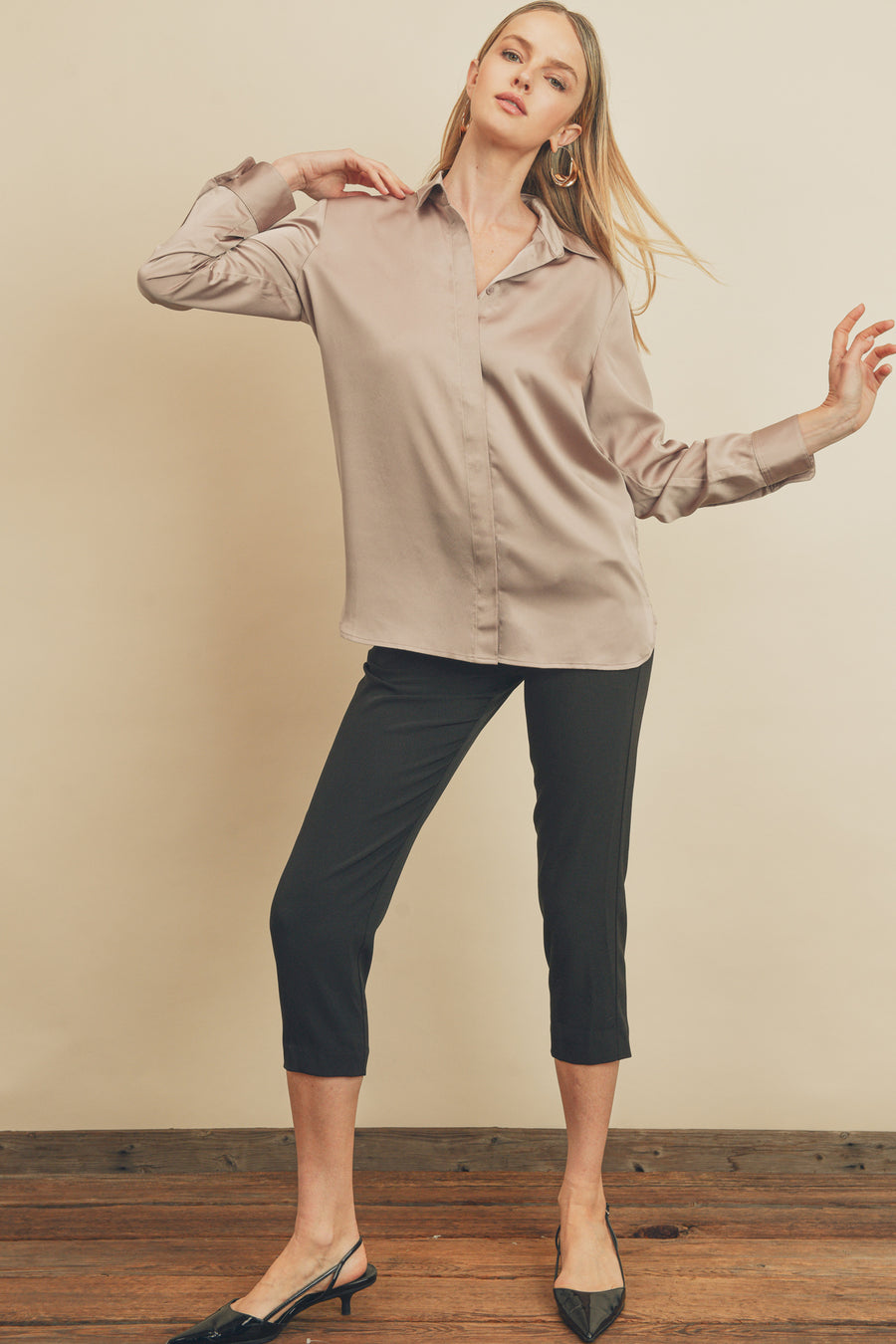 Chic Society Satin Long Sleeve Button Down Top
